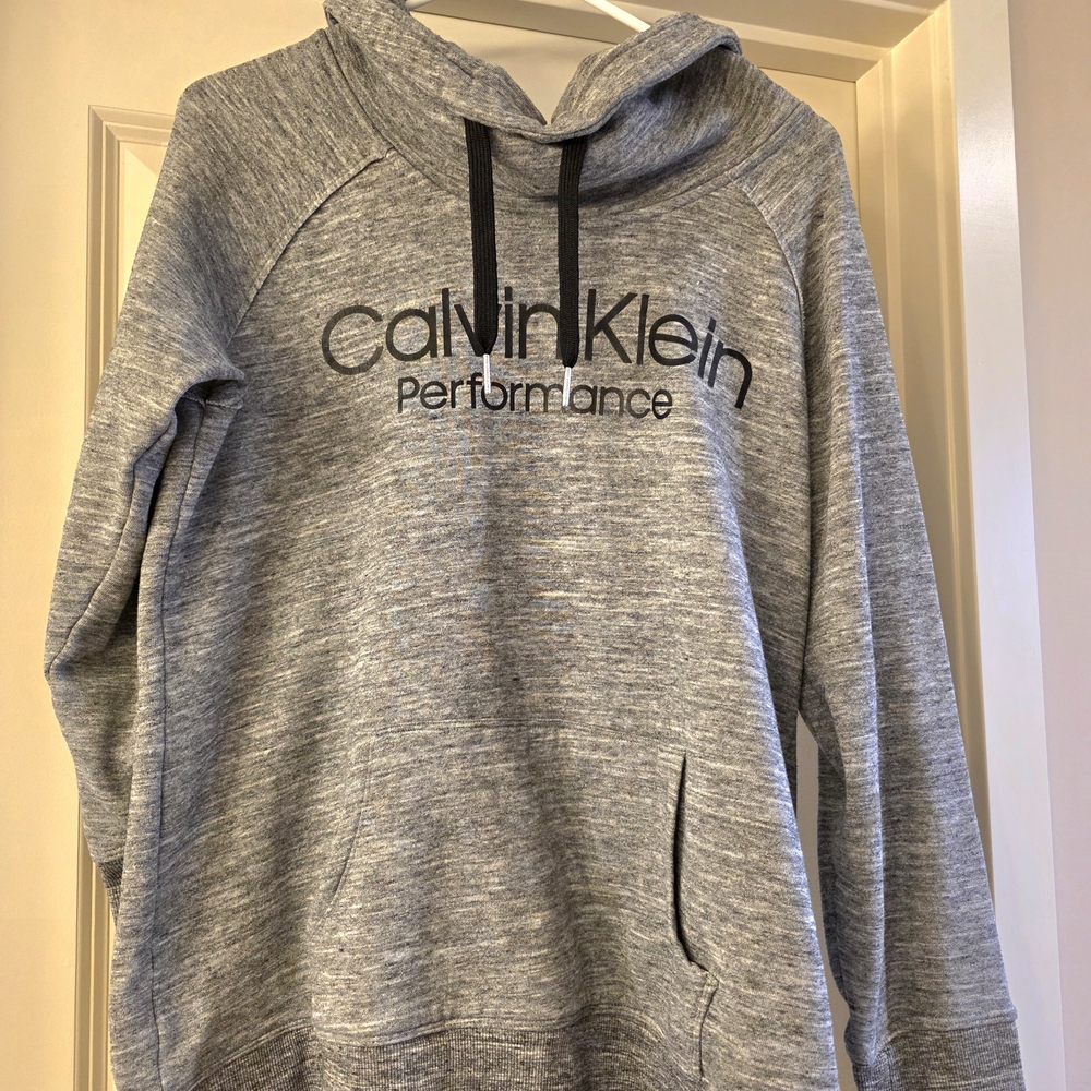 Calvin Klein Performance Heather Gray Hooded Pullover with Black Drawstrings
